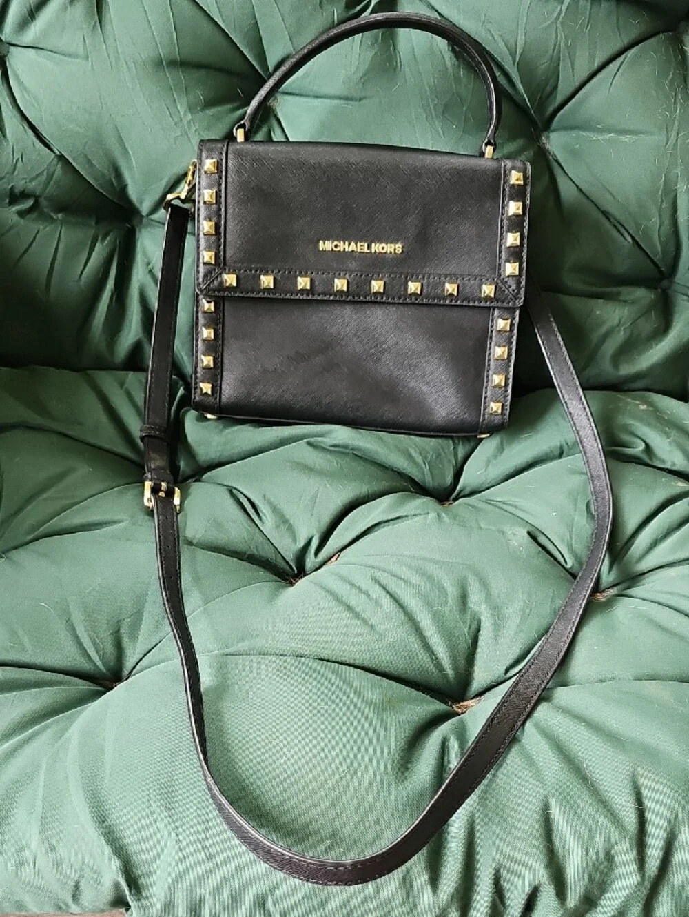 Michael Kors Black Leather Top-Handle Satchel with Gold Studs